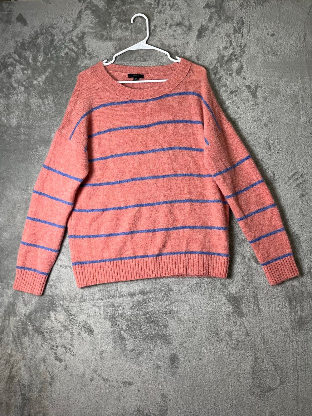 J.Crew Pink Striped Brushed Fuzzy Knit Alpaca Wool Crewneck Pullover Sweater XS